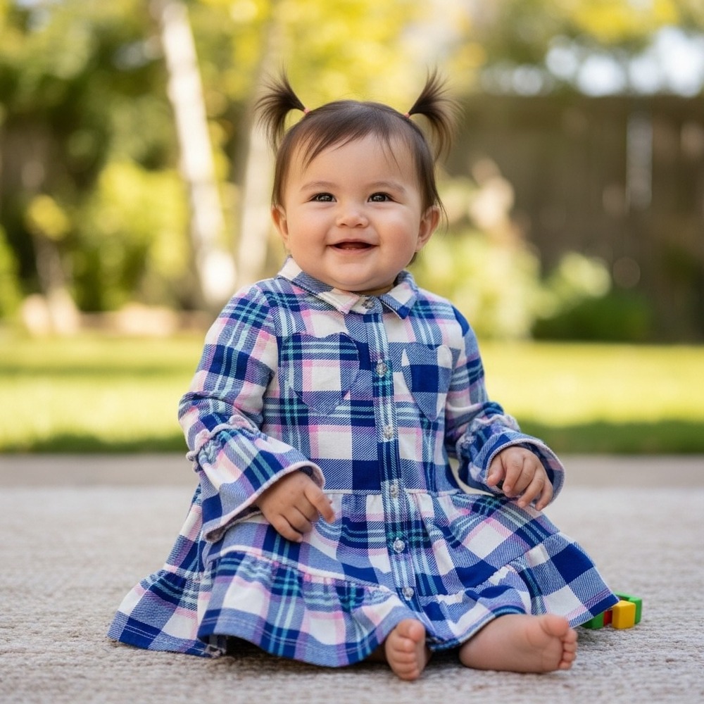 Nannette Baby Plaid Tunic Kids 18M Blue Pink Heart Pocket Ruffle Bell Sleeve Top